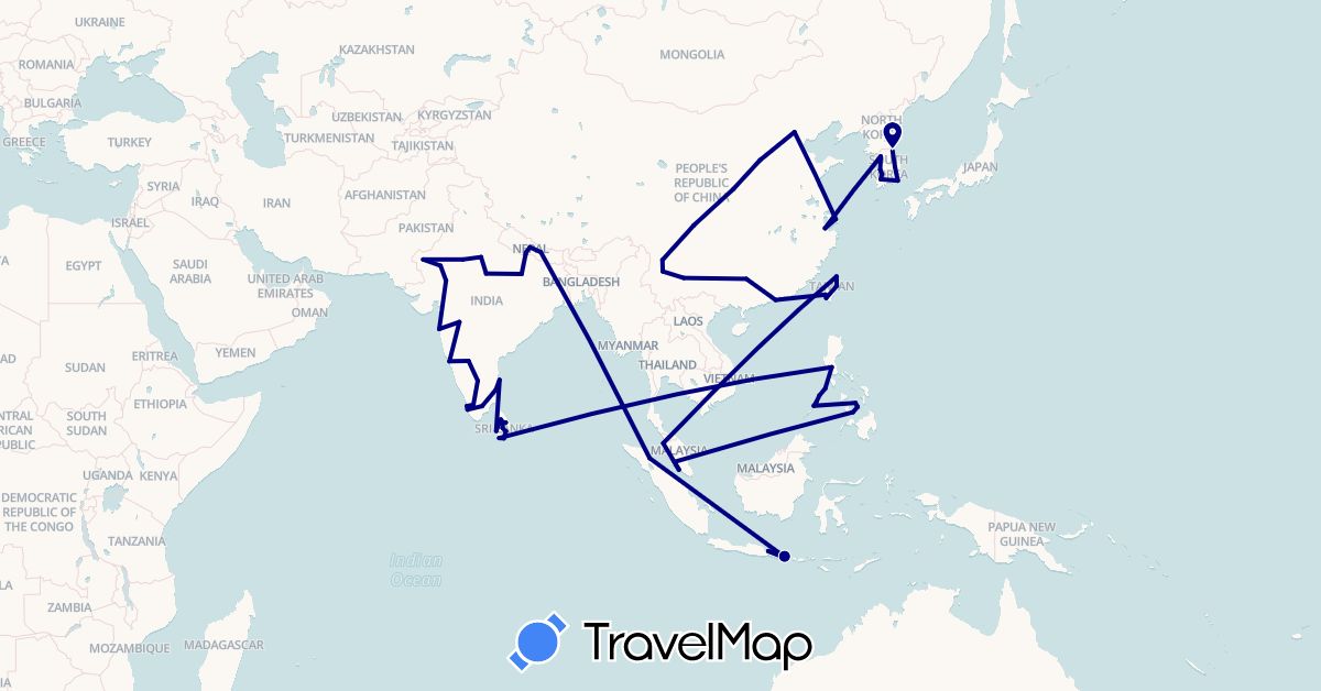 TravelMap itinerary: driving in China, Hong Kong, Indonesia, India, South Korea, Sri Lanka, Malaysia, Nepal, Philippines, Taiwan (Asia)
